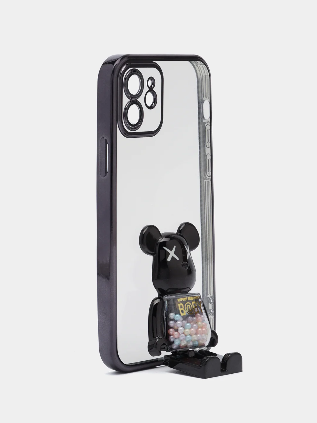 Черный чехол на Айфон с BearBrick медведем держателем подставкой IPhone 12 синий