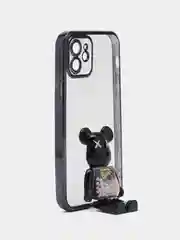 Черный чехол на Айфон с BearBrick медведем держателем подставкой IPhone 12 синий