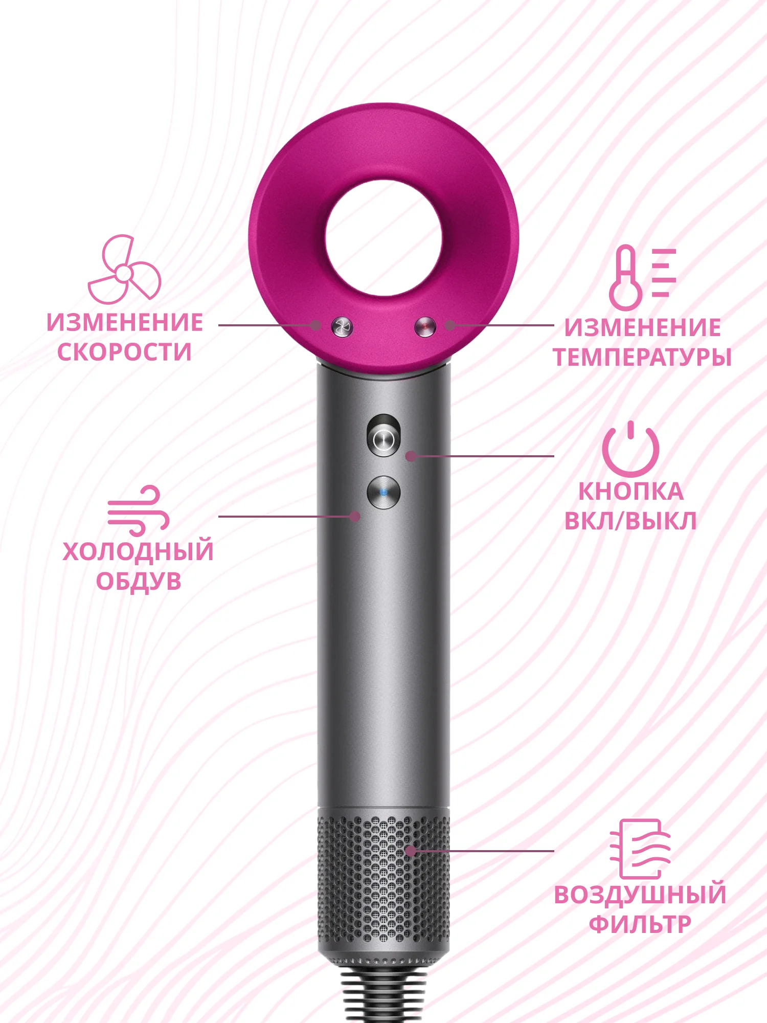 Тёмно-розовый фен Super Hair Dryer, для сушки и укладки волос, 5 в 1