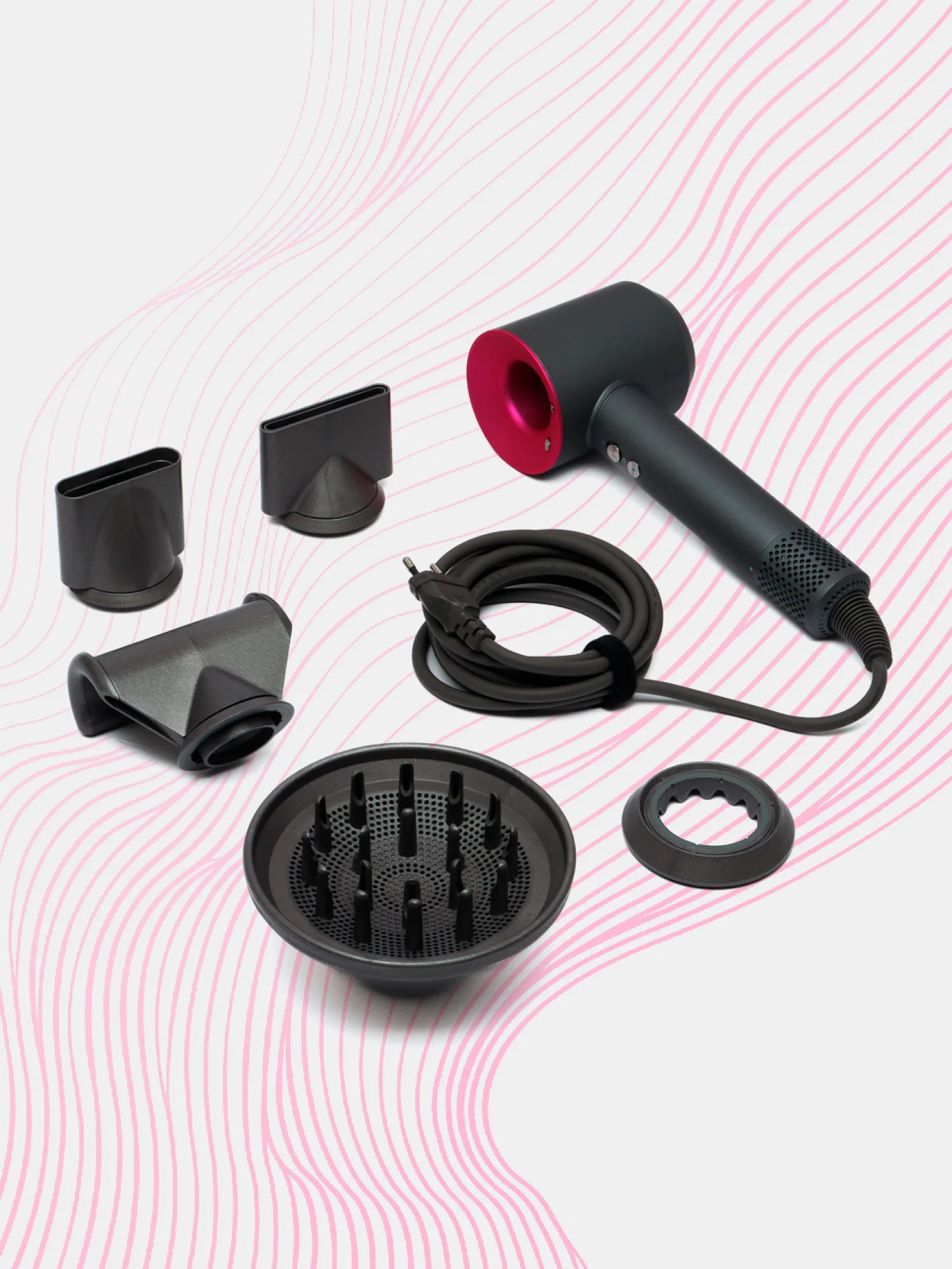Тёмно-розовый фен Super Hair Dryer, для сушки и укладки волос, 5 в 1