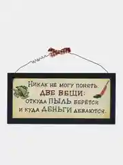 Табличка "Никак не могу понять две вещи: откуда пыль берется и куда деньги деваются"