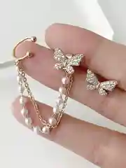 Женские серьги-кафф "Бабочка", с жемчужной цепочкой, 2 сережки