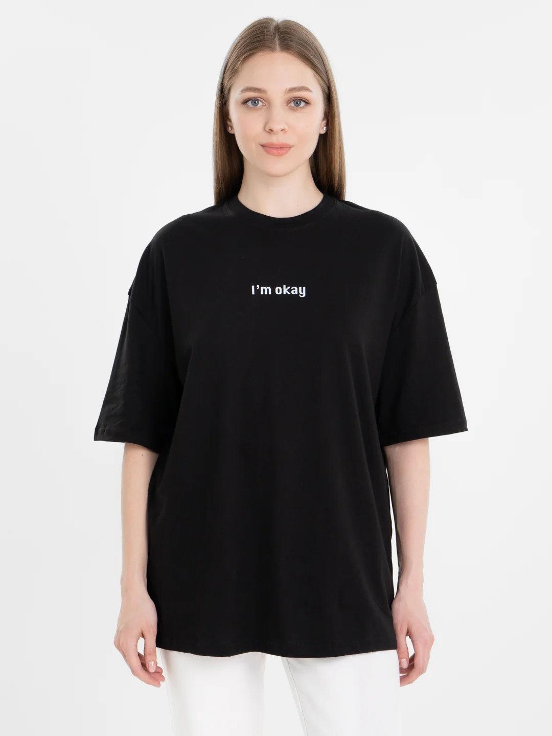 Черный футболка оверсайз "I am okay", унисекс, oversize, T-Shirt с принтом, хлопок