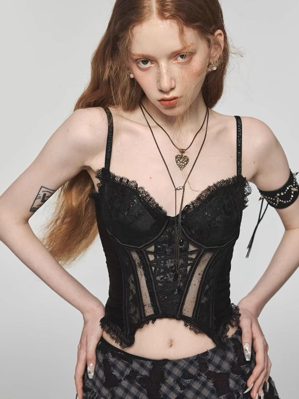 Корсет черный с кружевными вставками Yk2 "Gotic"