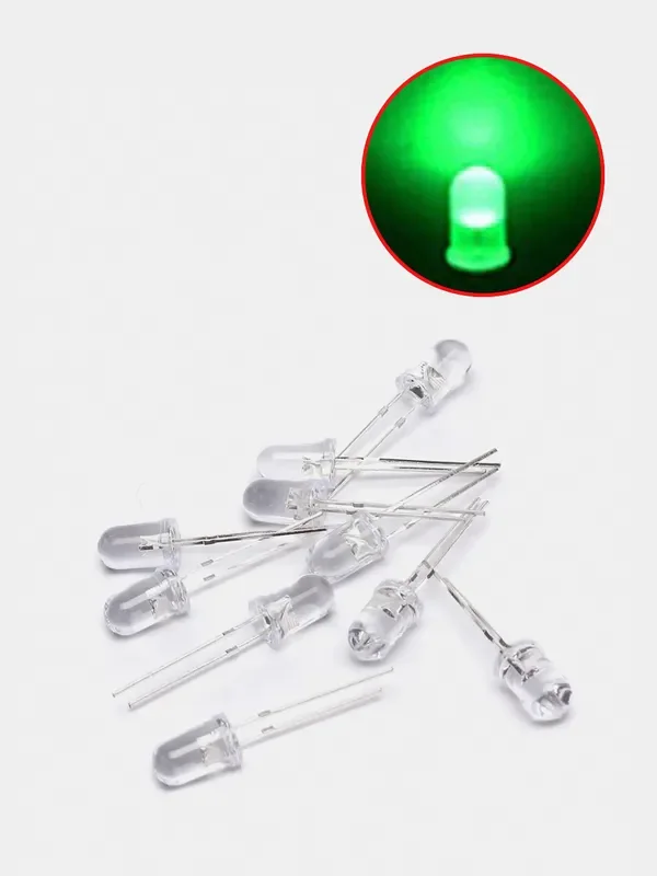 3мм Led светодиод прозрачный 10 штук. Цвет свечения белый, желтый, красный, зеленый, синий