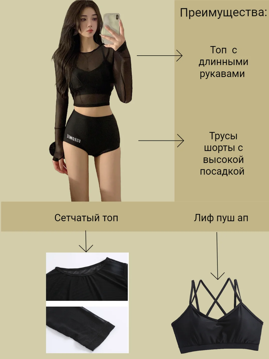 Черный спортивный купальник набор - трусы шорты, топ прозрачный с длинными рукавами, бюстгальтер