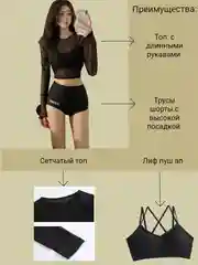 Черный спортивный купальник набор - трусы шорты, топ прозрачный с длинными рукавами, бюстгальтер