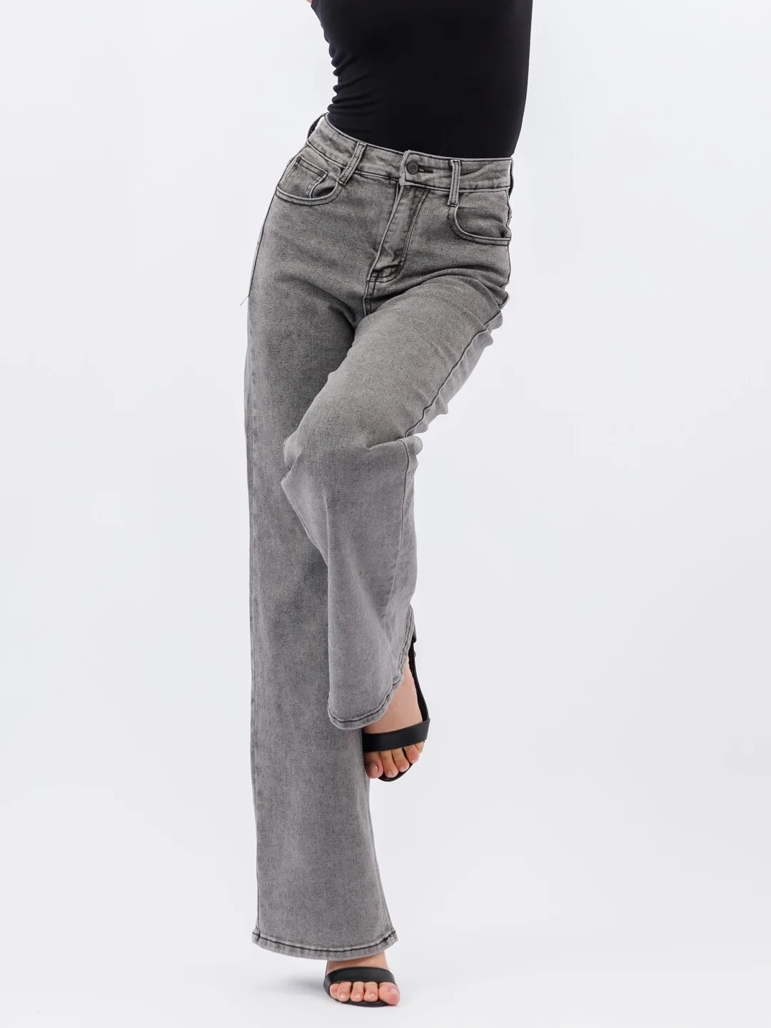 Серый меланж женские джинсы широкие wide leg трубы палаццо