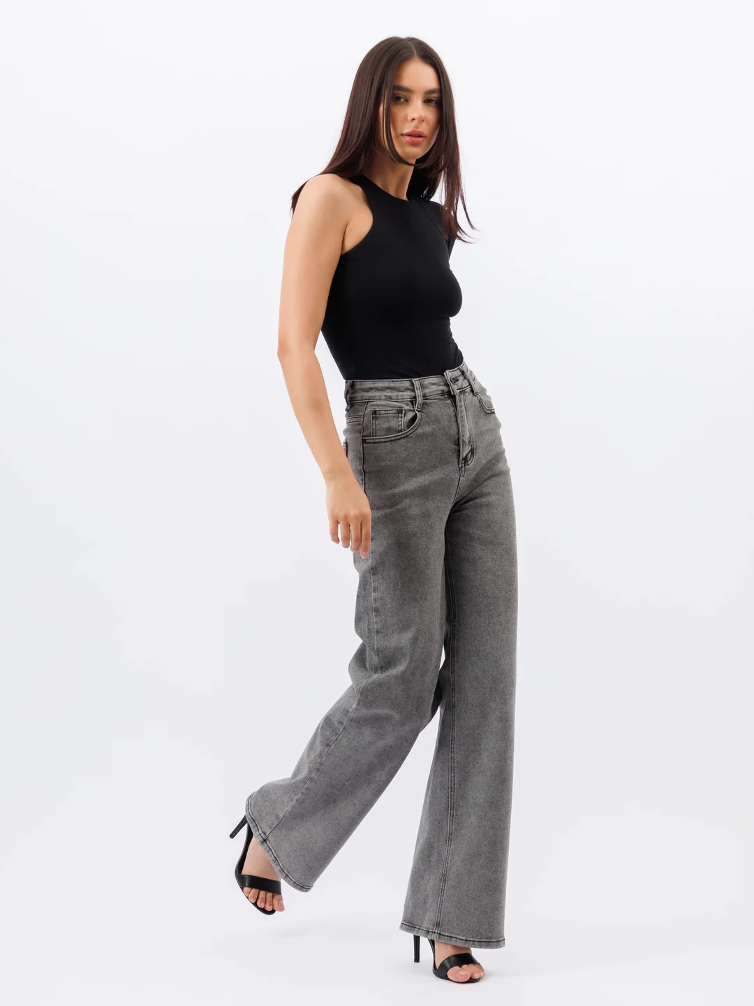 Серый меланж женские джинсы широкие wide leg трубы палаццо