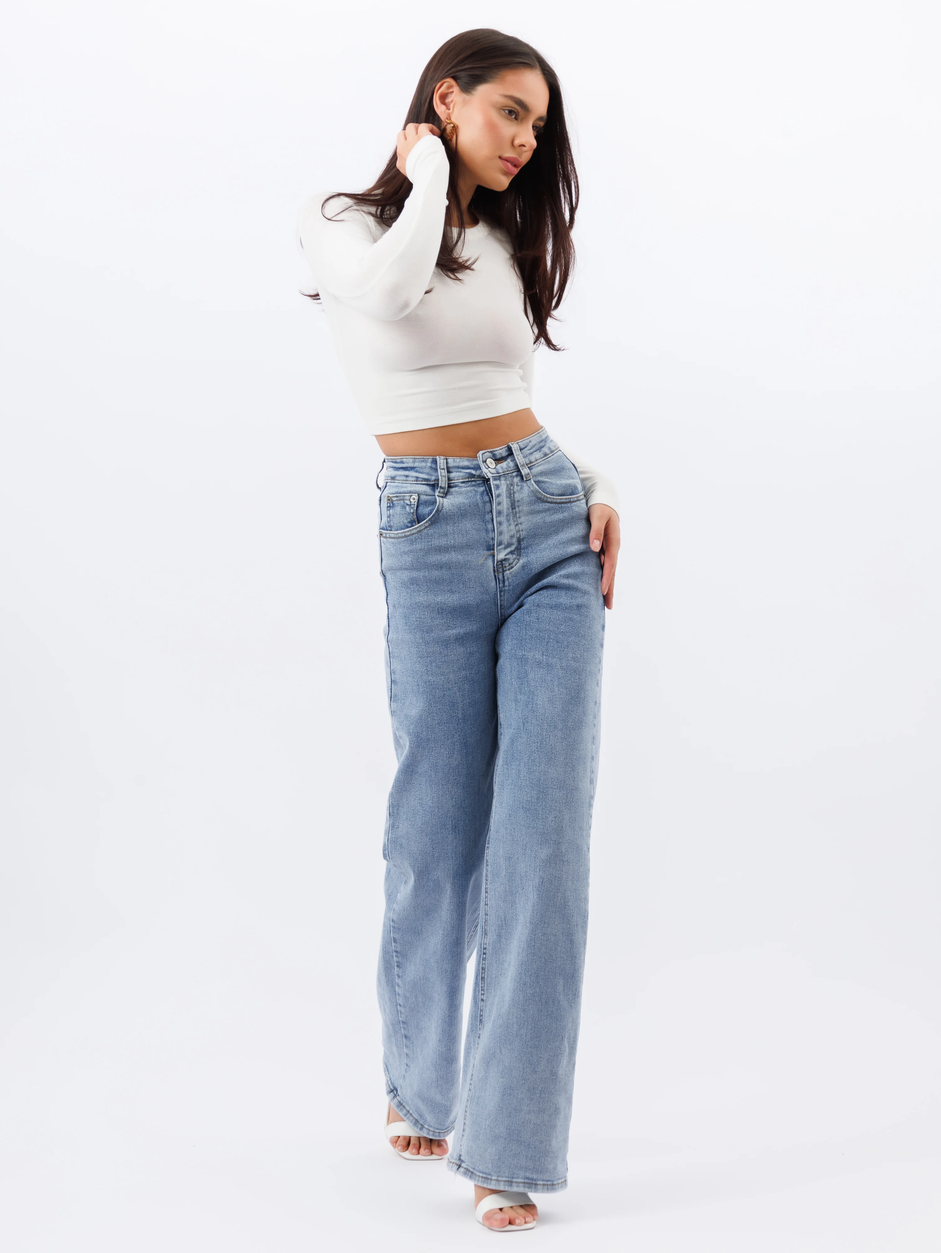 Небесно-голубой женские джинсы широкие wide leg трубы палаццо