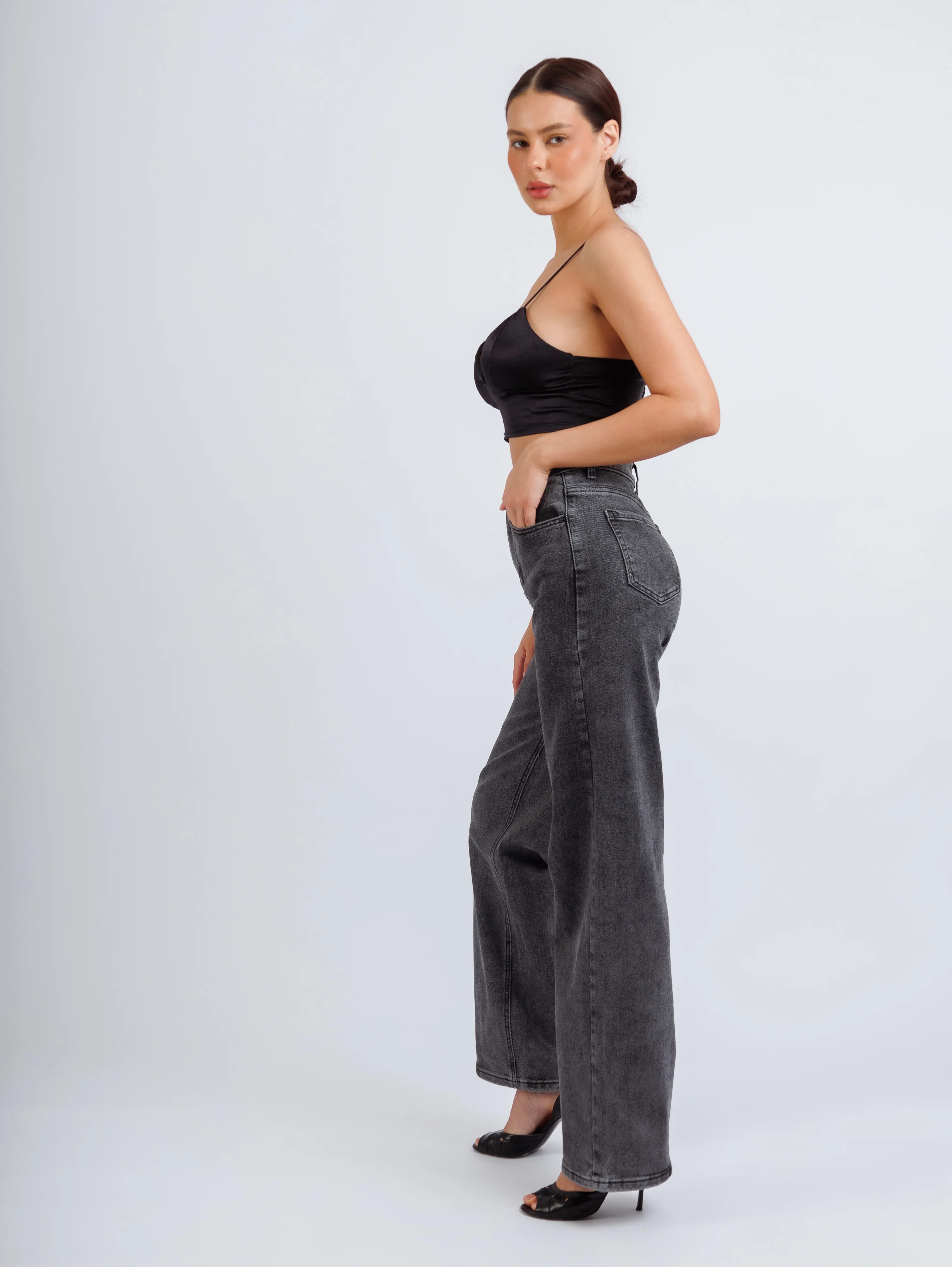 Серый женские джинсы широкие wide leg трубы палаццо