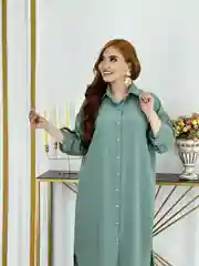 Синий меланж платье-рубашка лен 52-60
