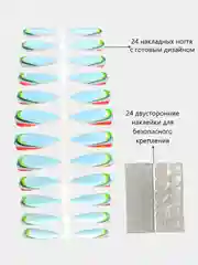 Голубой накладные ногти с дизайном, длинные острые, стилеты, с клеевыми наклейками