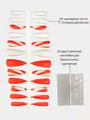 Красный накладные ногти с дизайном, длинные острые, стилеты, с клеевыми наклейками