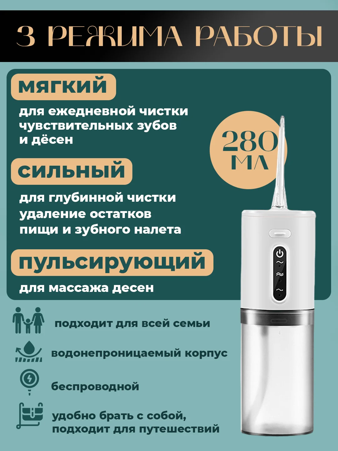 Белый ирригатор для зубов и полости рта, беспроводной портативный