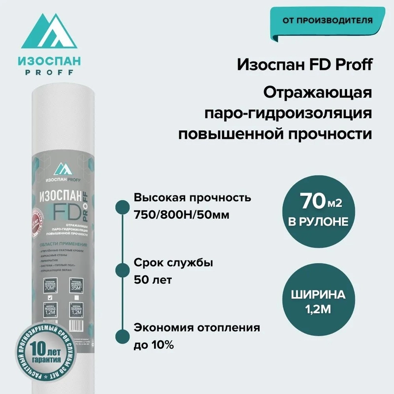 Отражающая паро-гидроизоляция повышенной прочности Изоспан FD 70 кв.м