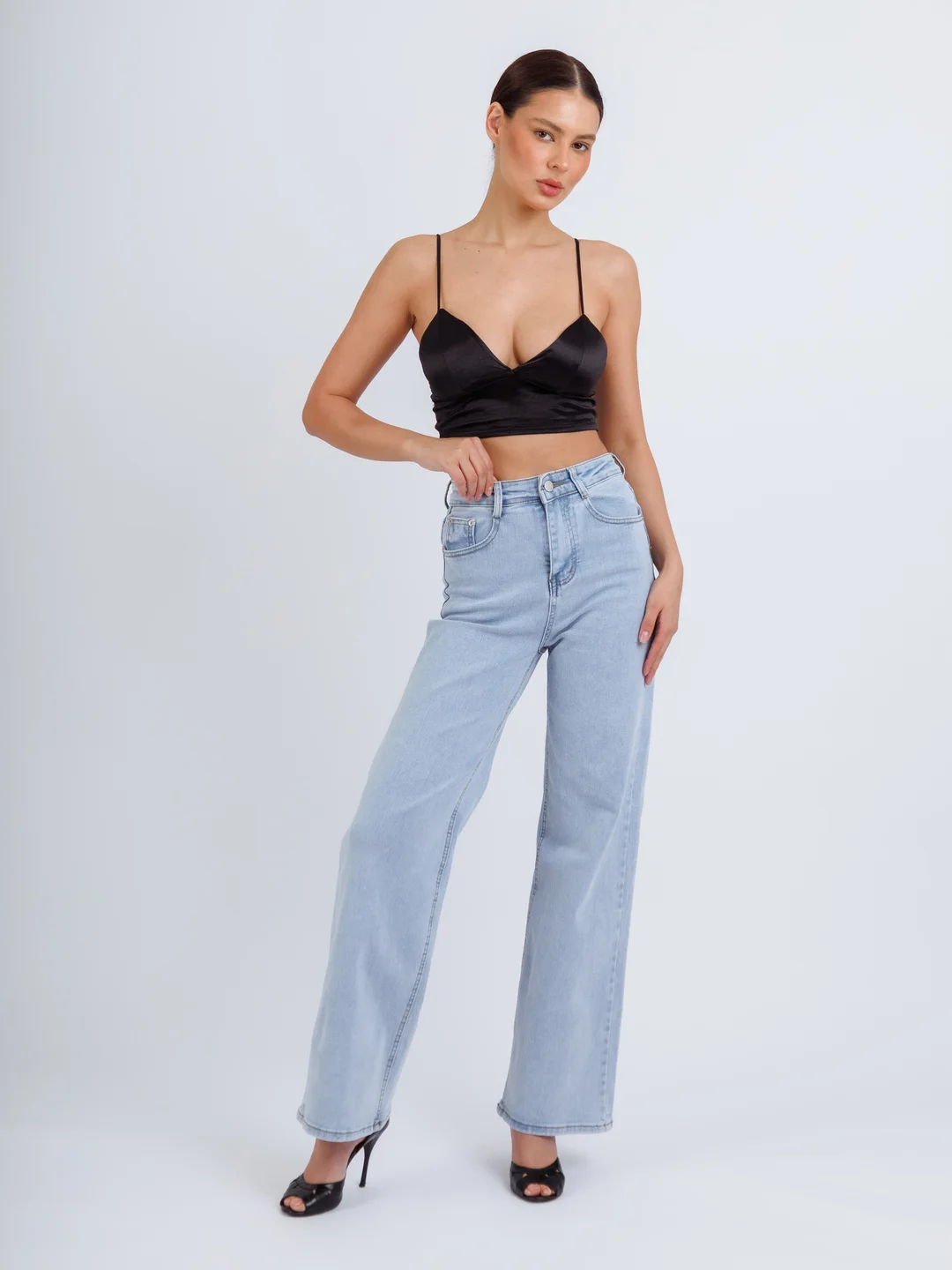 Голубой женские джинсы широкие wide leg трубы палаццо