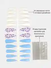 Голубой накладные ногти с дизайном, длинные острые, стилеты, с клеевыми наклейками