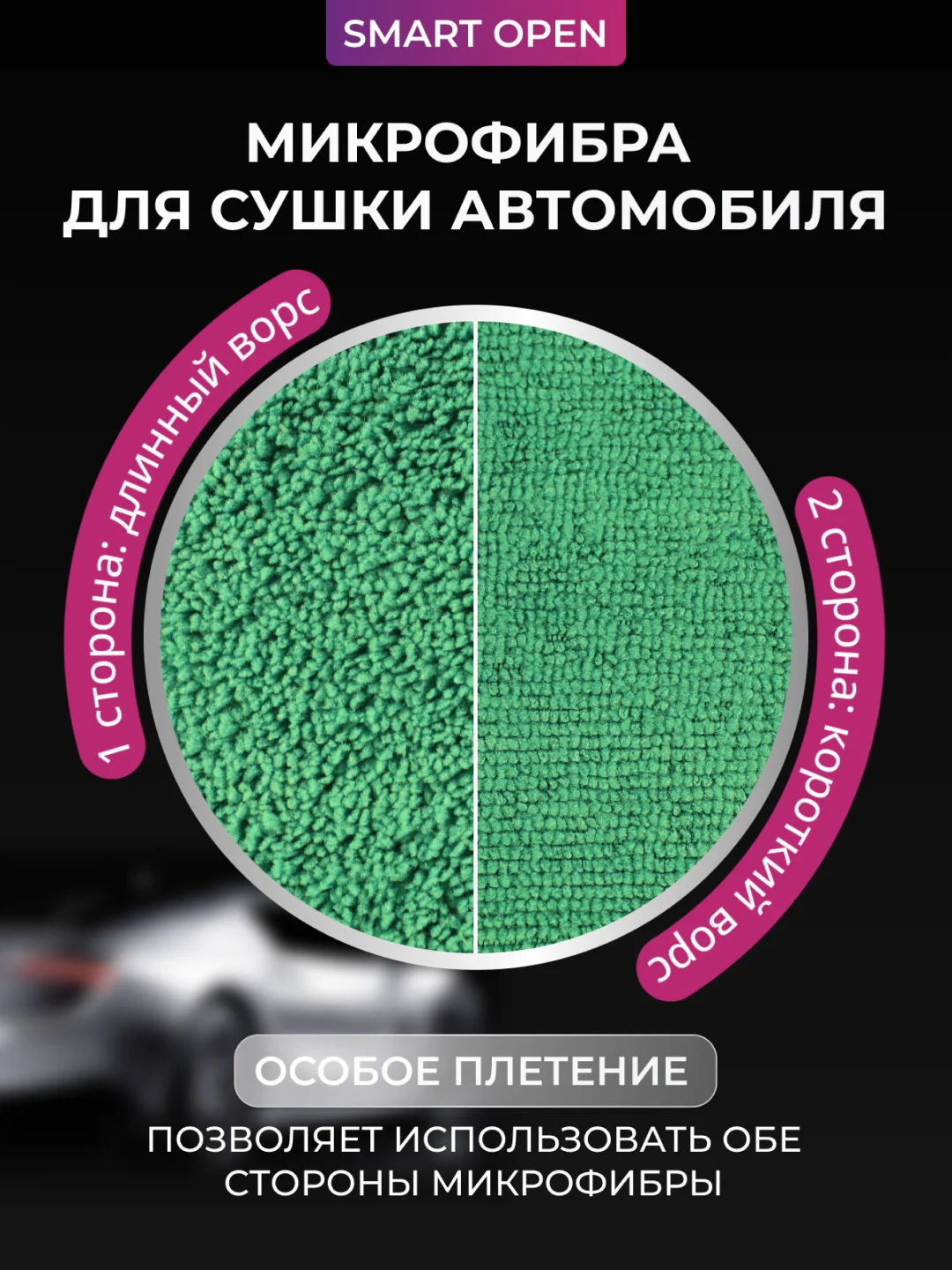 Тряпка для авто / микрофибра для авто / для сушки авто Smart Open Mega Fiber, зелёная, 60 х 80, 1 шт