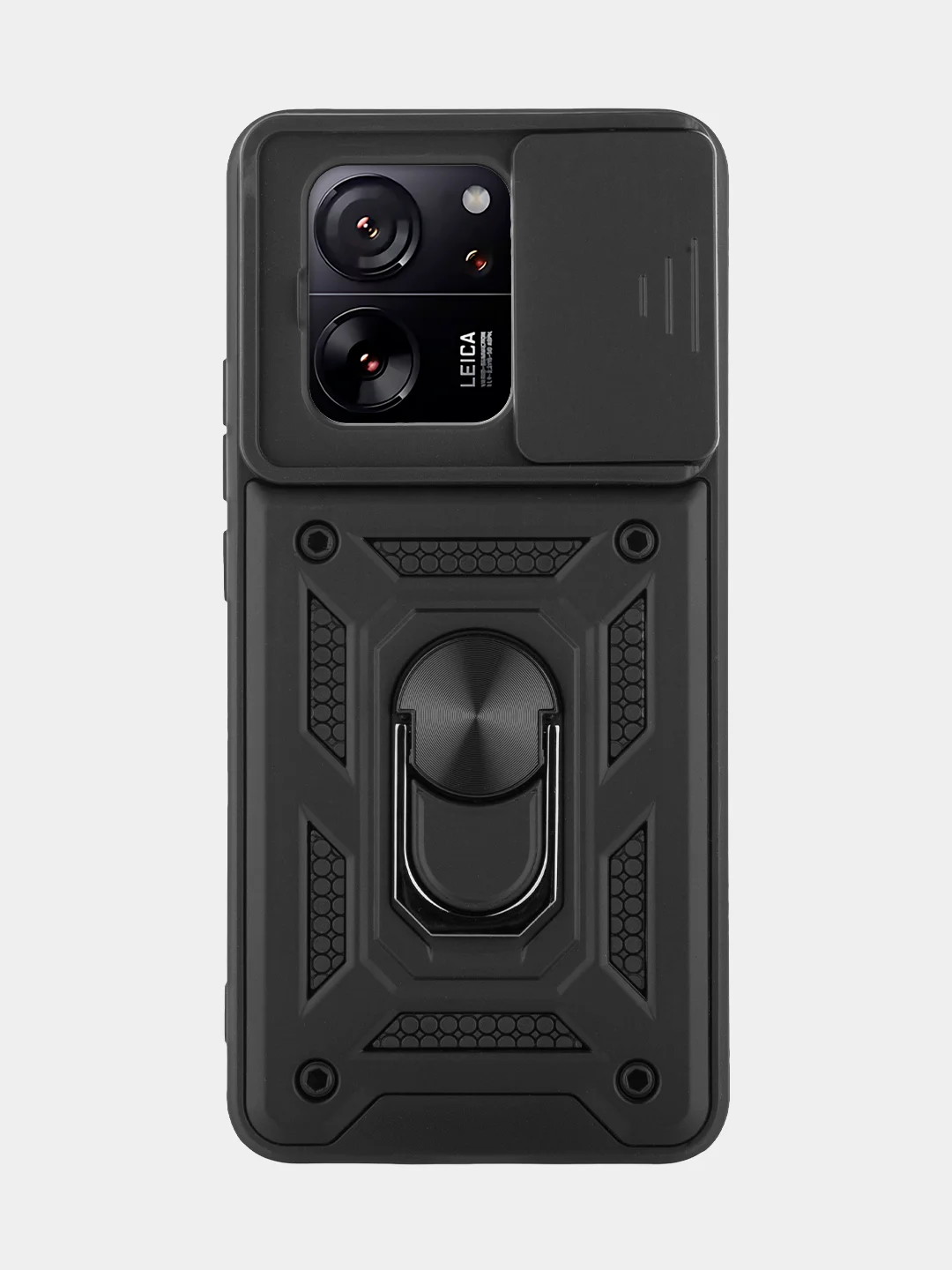 Черный чехол для Xiaomi 13T 13T Pro противоударный КАРТОФАН пластиковый с кольцом-магнитом шторка