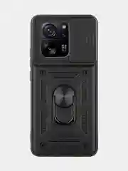 Черный чехол для Xiaomi 13T 13T Pro противоударный КАРТОФАН пластиковый с кольцом-магнитом шторка