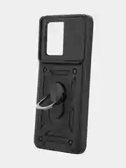 Черный чехол для Xiaomi 13T 13T Pro противоударный КАРТОФАН пластиковый с кольцом-магнитом шторка