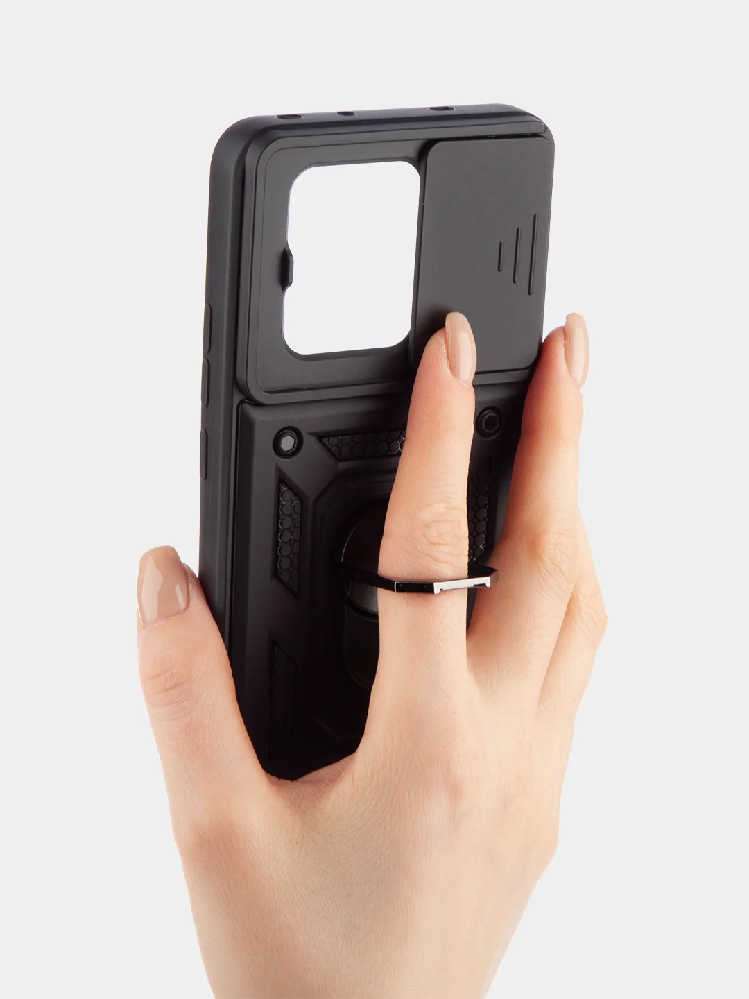 Черный чехол для Xiaomi 13T 13T Pro противоударный КАРТОФАН пластиковый с кольцом-магнитом шторка