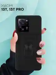 Черный чехол для Xiaomi 13T 13T Pro противоударный КАРТОФАН пластиковый с кольцом-магнитом шторка