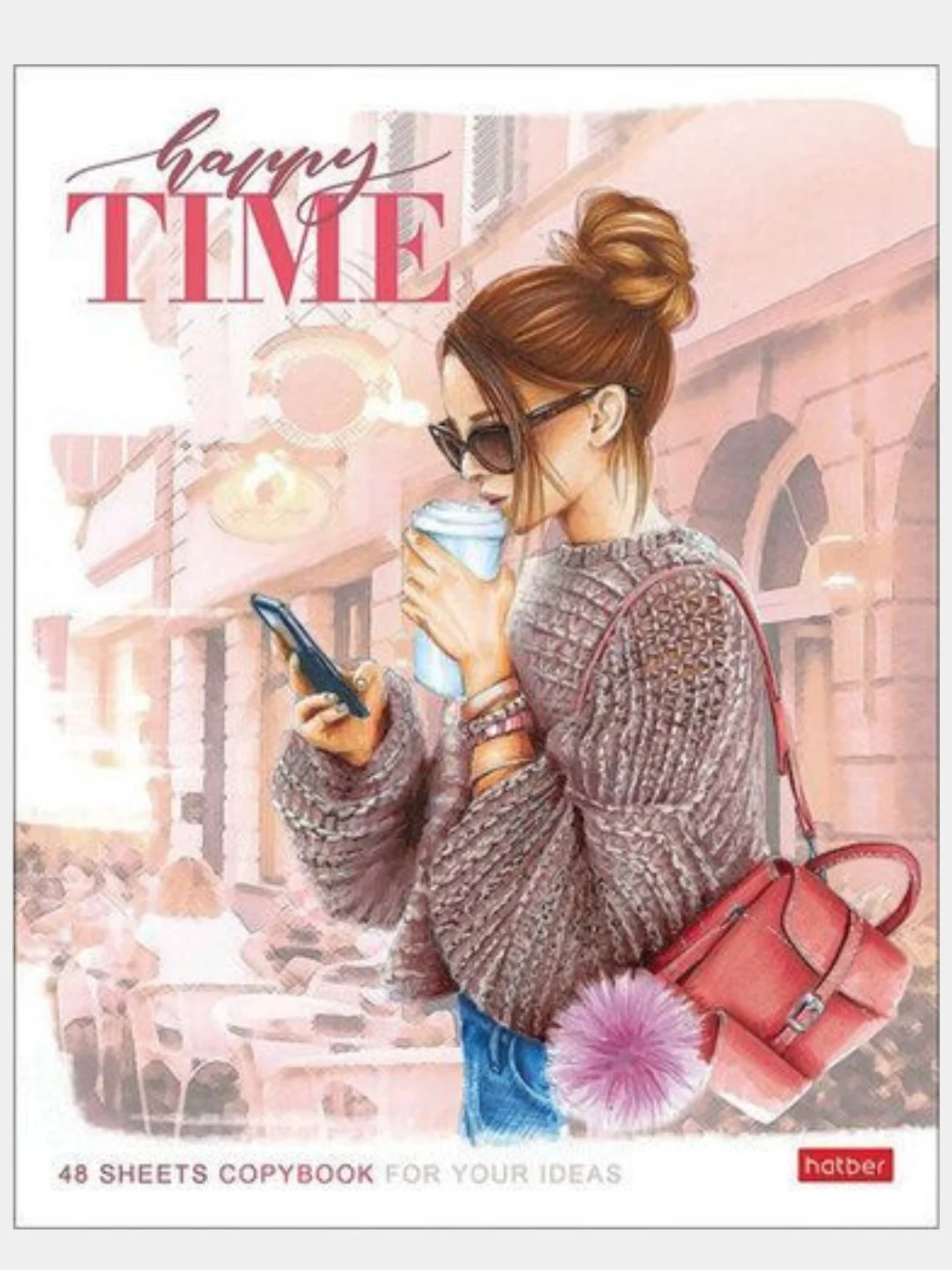 Тетрадь А5, 48 л. HATBER, скоба, клетка, матовая ламинация, Happy time (5 видов в спайке)