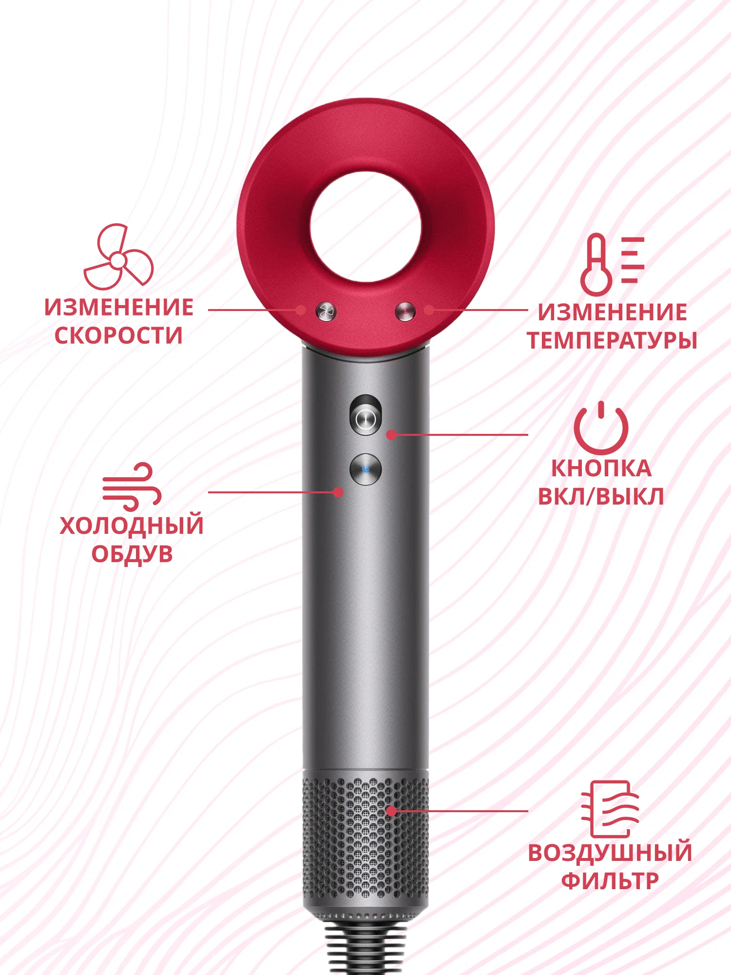 Тёмно-розовый фен Super Hair Dryer, для сушки и укладки волос, 5 в 1