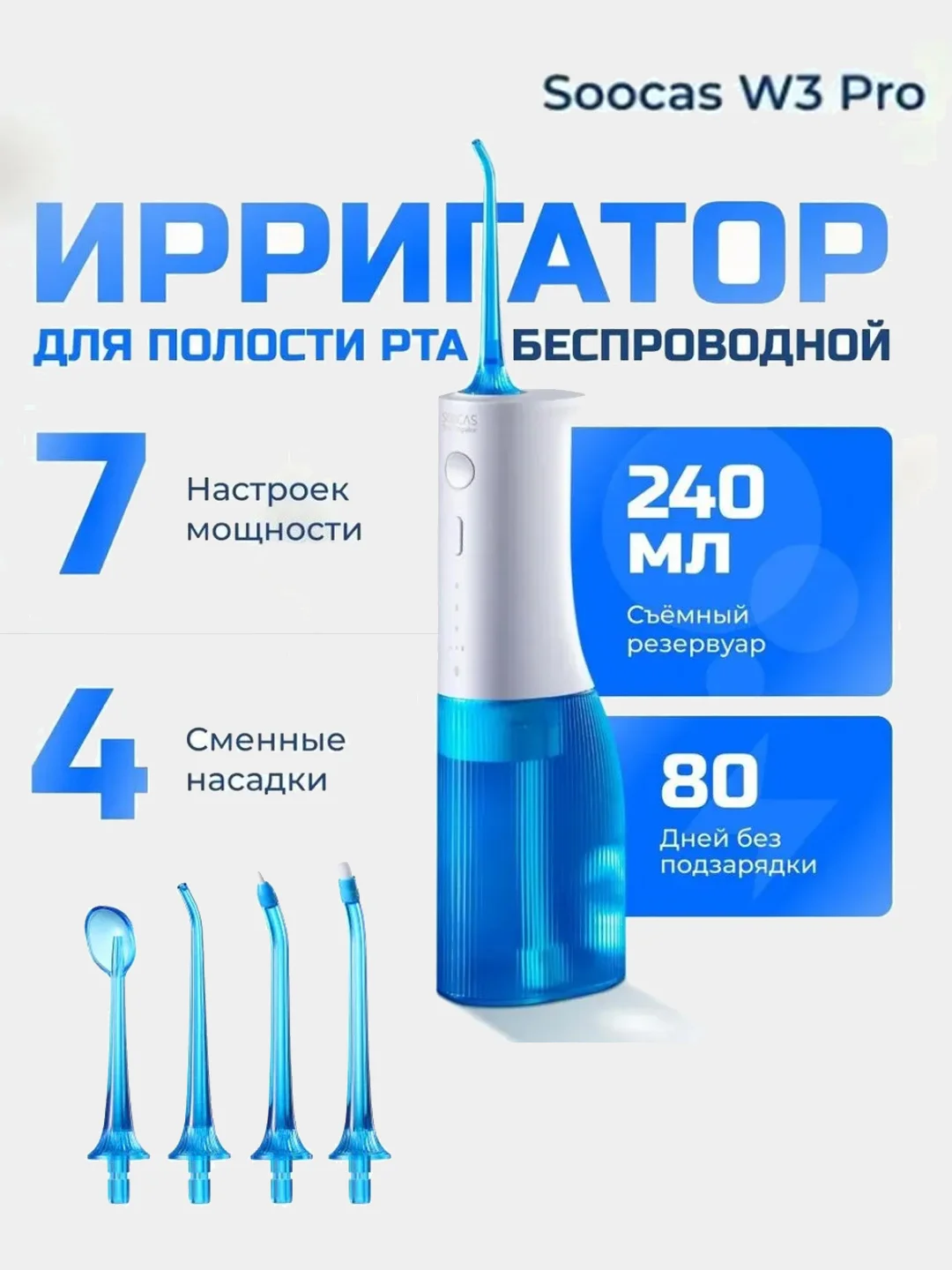 Ирригатор для полости рта Soocas W3 Pro (Blue), портативный, 4 насадки, 3 режима, 240 мл