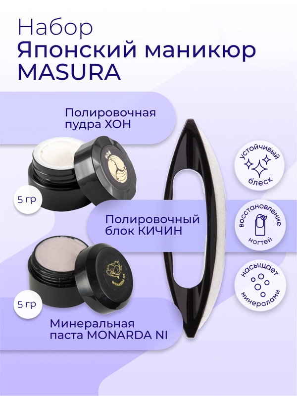 Набор Masura для маникюра паста Monarda NI, пудра HON, полировочный блок Kichin