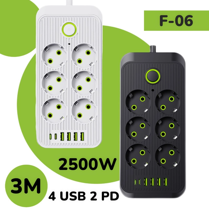 Сетевой фильтр, удлинитель, пилот 6 EU, 4 USB, 2 type-C