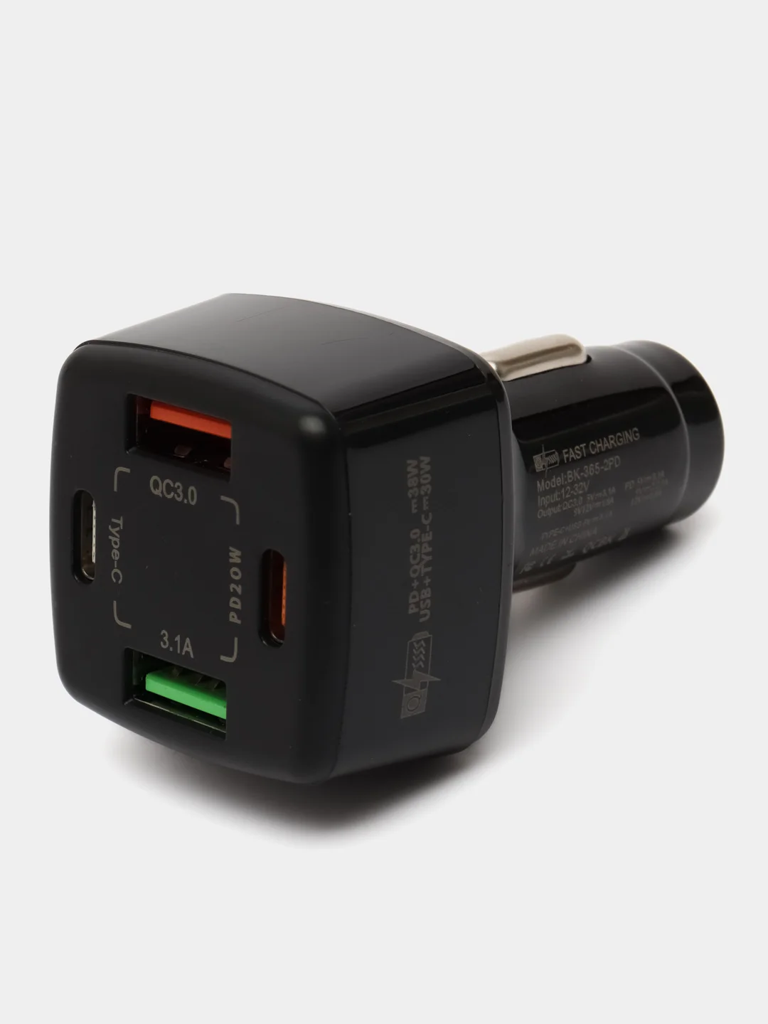 Черный автомобильное зарядное устройство 4в1, 38Вт, PD+QC3.0, 3.1A, 2USB + 2Type-C