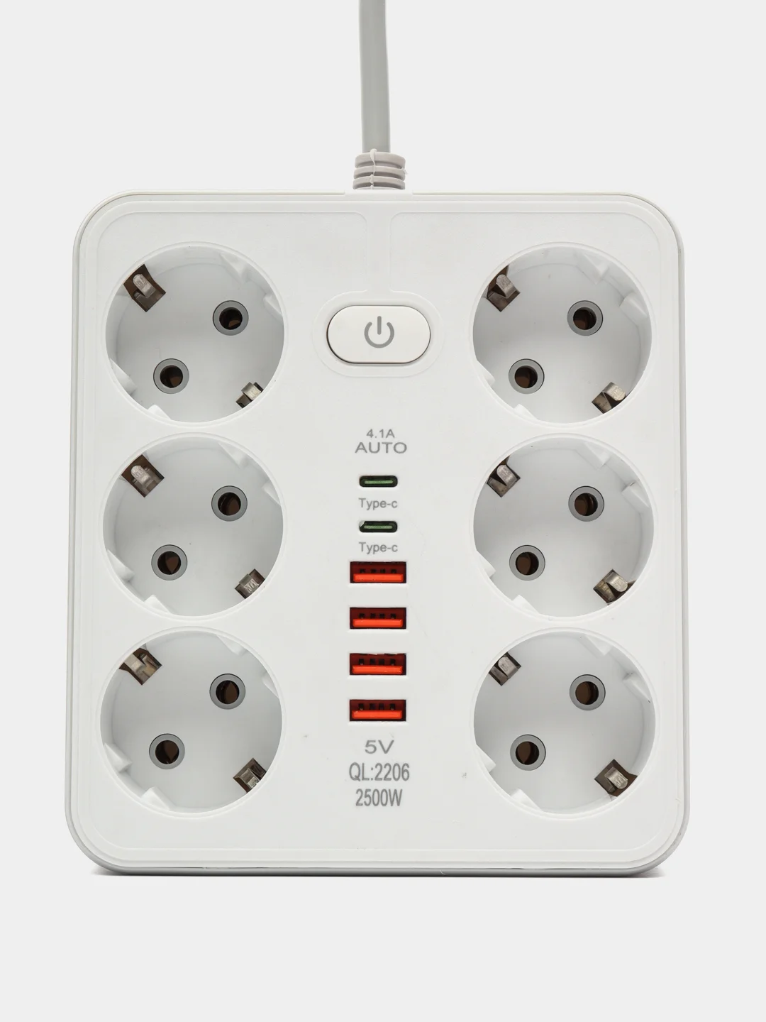 Белый удлинитель сетевой, фильтр, 3 метра, 6 розеток, с 4 USB, 2 Type-C порта, с кнопкой