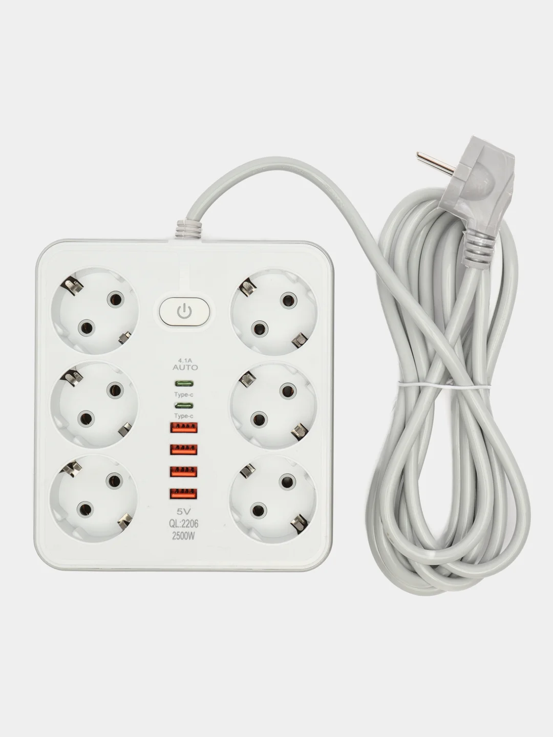 Белый удлинитель сетевой, фильтр, 3 метра, 6 розеток, с 4 USB, 2 Type-C порта, с кнопкой