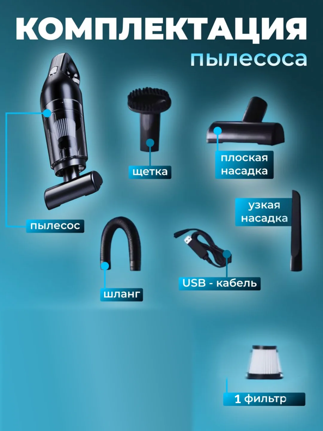Пылесос автомобильный беспроводной, 120 Вт, 10000 Па