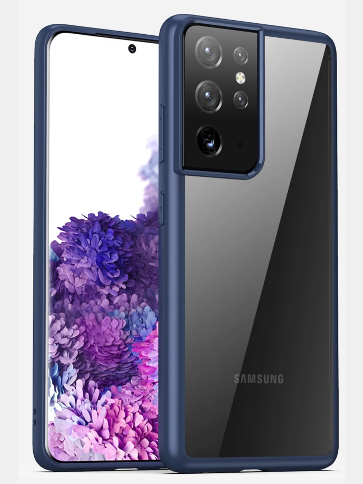Темно-синий прозрачный чехол для Samsung S21 Ultra / Самсунг S21 Ультра с силиконовым кантом