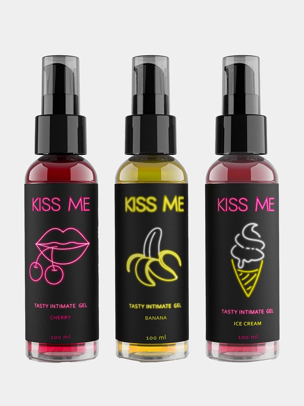Набор съедобных неоновых лубрикантов "Kiss me" (Мороженое, Вишня, Банан), 100 мл