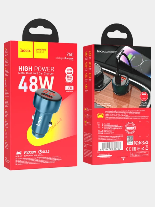 Автомобильное зарядное устройство HOCO Z50 Leader 1xUSB, 1xUSB-C, 3А, PD48W, QC3.0, LED