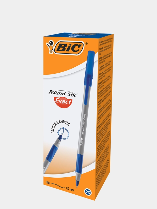 Ручка шариковая, синяя, тонкое письмо, грип, BIC Round Stic Exact, уп. 20 шт