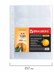 Папки-файлы перфорированные А4 BRAUBERG, КОМПЛЕКТ 100 шт., матовые, 45 мкм, 221713
