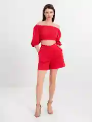 Красный костюм, комплект женски: кроп топ с длинными рукавами и шорты