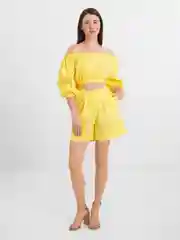 Желтый костюм, комплект женски: кроп топ с длинными рукавами и шорты