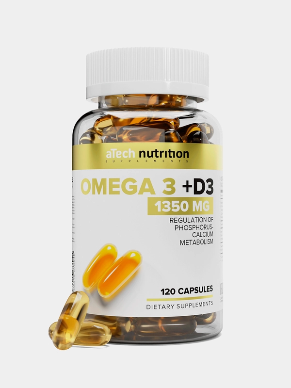 Омега 3 + витамин Д3, 120 капсул, aTech Nutrition