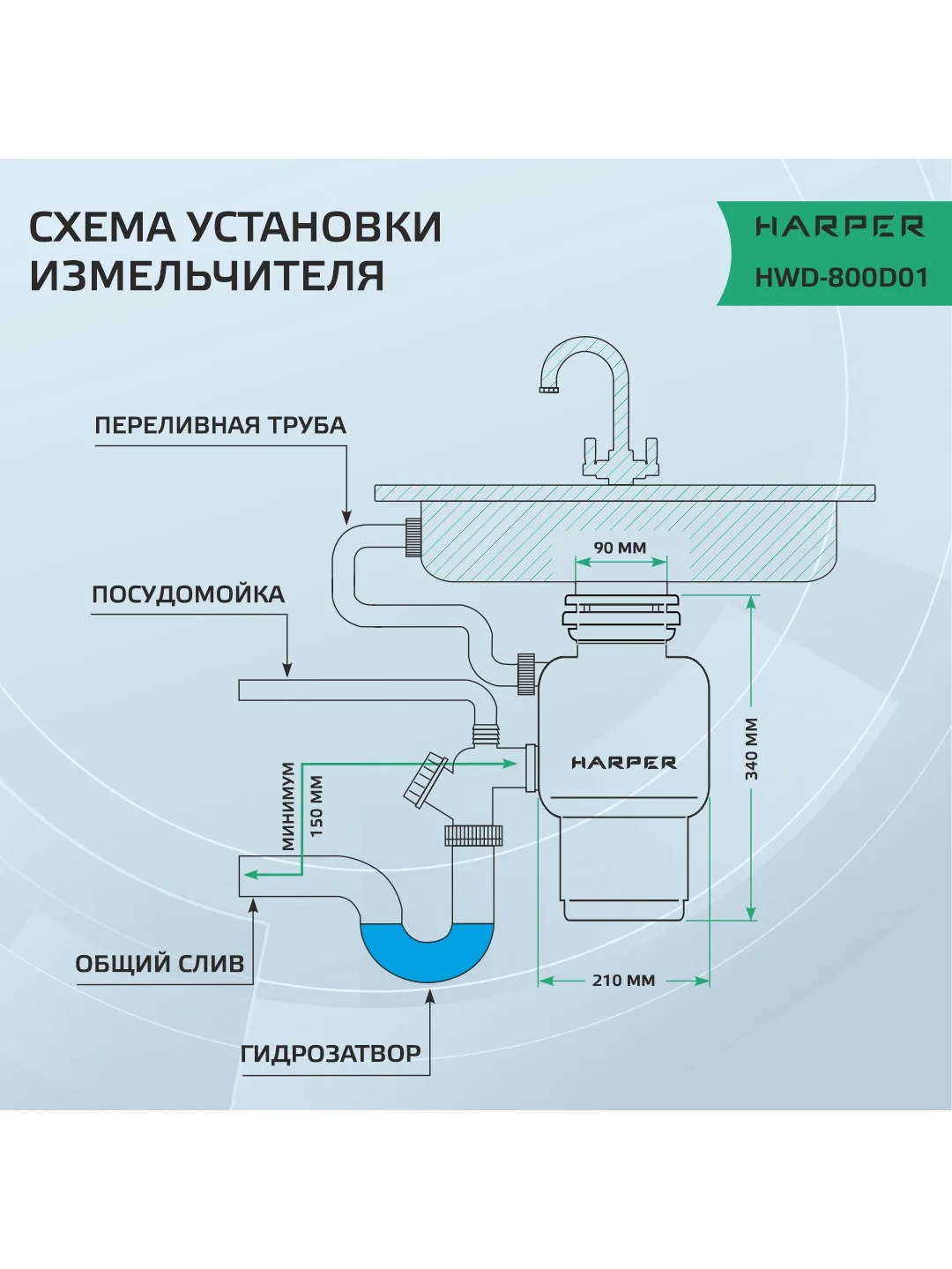 Черный измельчитель пищевых отходов, Harper HWD-800D01