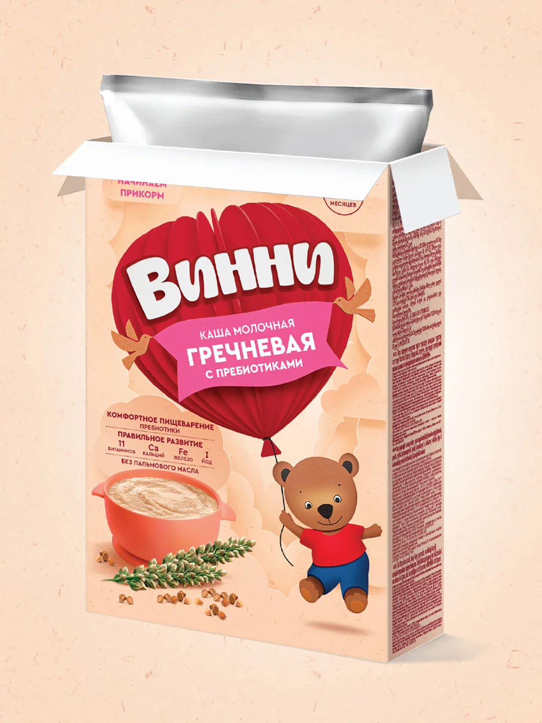 Каша детская Винни молочная, гречневая, с пребиотиками, с 4 месяцев, 200 г