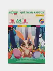 Картон цветной А4 Мелованный, 16 л 8 цв, в папке, Brauberg Kids, 200х283мм, Зайчик