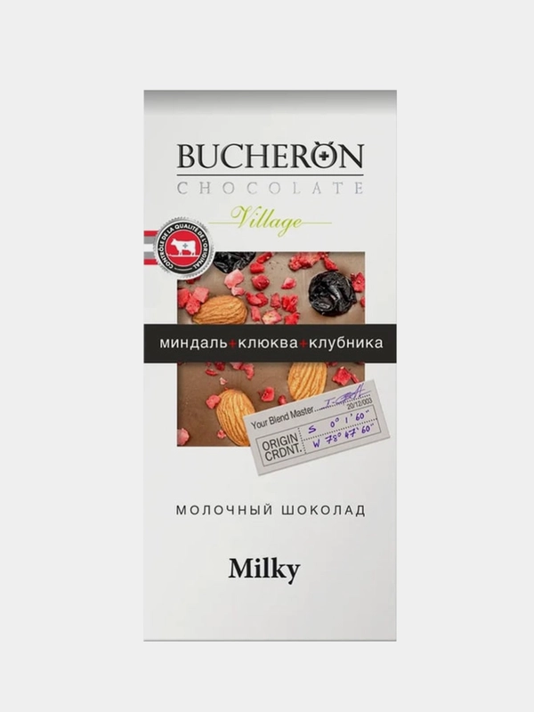 Шоколад молочный BUCHERON VILLAGE, с миндалем, клюквой и клубникой, 100г