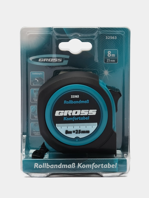 Рулетка Komfortabel 8 м х 25 мм, обрезиненный корпус, GROSS, 32563